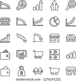 Thin Line Icon Set - shop vector, checkroom, growth statistic, money bag, crisis graph, store, monitor statistics, pie, hr, consumer search, arrow up, wallet, cart, storefront
