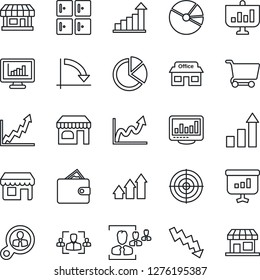 Thin Line Icon Set - shop vector, checkroom, growth statistic, crisis graph, store, monitor statistics, pie, hr, target, consumer search, arrow up, wallet, cart, presentation, storefront