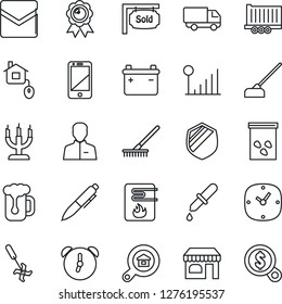 Thin Line Icon Set - shop vector, medal, pen, rake, hoe, seeds, ripper, dropper, truck trailer, car delivery, shield, cell phone, user, clock, alarm, mail, cellular signal, sold signboard, beer