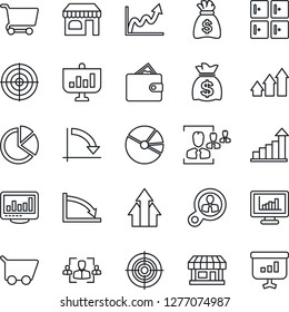Thin Line Icon Set - shop vector, checkroom, growth statistic, money bag, crisis graph, store, monitor statistics, pie, hr, target, consumer search, arrow up, wallet, cart, presentation