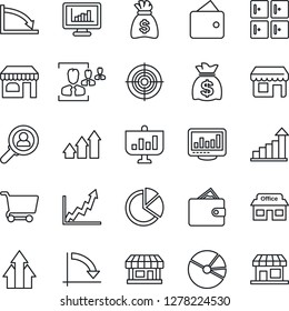 Thin Line Icon Set - shop vector, checkroom, growth statistic, money bag, crisis graph, store, monitor statistics, pie, hr, target, consumer search, arrow up, wallet, cart, presentation, storefront