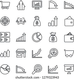 Thin Line Icon Set - shop vector, checkroom, growth statistic, money bag, crisis graph, monitor statistics, pie, hr, target, consumer search, arrow up, wallet, cart, presentation