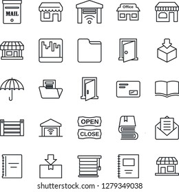 Thin Line Icon Set - shop vector, book, store, container, umbrella, package, mail, scanner, folder, copybook, document, mailbox, open close, jalousie, garage gate control, door, storefront