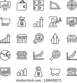 Thin Line Icon Set - shop vector, checkroom, growth statistic, money bag, store, monitor statistics, pie graph, hr, target, consumer search, arrow up, wallet, crisis, cart, presentation, storefront