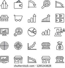 Thin Line Icon Set - shop vector, checkroom, growth statistic, money bag, crisis graph, store, monitor statistics, pie, hr, target, consumer search, arrow up, wallet, cart, storefront