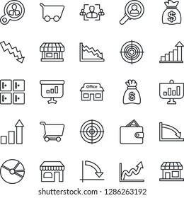 Thin Line Icon Set - shop vector, checkroom, growth statistic, money bag, crisis graph, store, pie, hr, target, consumer search, wallet, cart, presentation, storefront