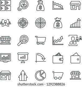 Thin Line Icon Set - shop vector, checkroom, growth statistic, money bag, crisis graph, store, monitor statistics, pie, hr, target, consumer search, arrow up, wallet, cart, presentation, storefront