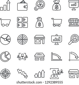 Thin Line Icon Set - shop vector, checkroom, growth statistic, money bag, crisis graph, store, pie, hr, target, consumer search, arrow up, wallet, cart, presentation, storefront