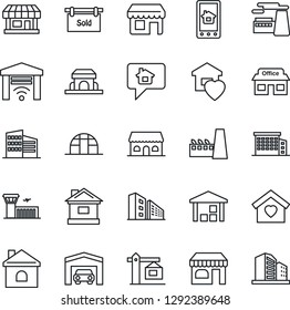 Thin Line Icon Set - shop vector, airport building, factory, house, greenhouse, store, warehouse, garage, sold signboard, office, sweet home, crane, cafe, control app, gate, message, storefront
