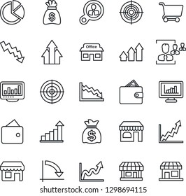 Thin Line Icon Set - shop vector, growth statistic, money bag, crisis graph, store, monitor statistics, pie, hr, target, consumer search, arrow up, wallet, cart, storefront