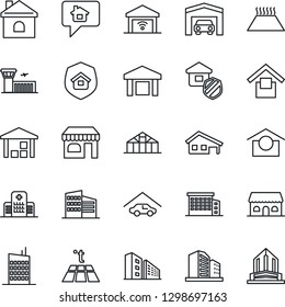 Thin Line Icon Set - shop vector, airport building, house, greenhouse, hospital, warehouse storage, with garage, office, city, estate insurance, cafe, warm floor, gate control, home message