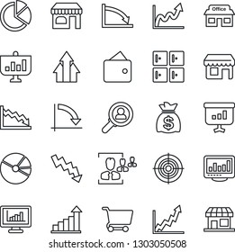 Thin Line Icon Set - shop vector, checkroom, growth statistic, money bag, crisis graph, store, monitor statistics, pie, hr, target, consumer search, arrow up, wallet, cart, presentation, storefront