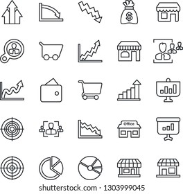 Thin Line Icon Set - shop vector, growth statistic, money bag, crisis graph, store, pie, hr, target, consumer search, arrow up, wallet, cart, presentation, storefront