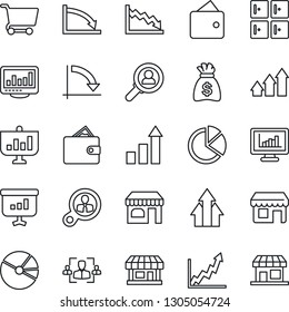 Thin Line Icon Set - shop vector, checkroom, growth statistic, money bag, crisis graph, store, monitor statistics, pie, hr, consumer search, arrow up, wallet, cart, presentation, storefront