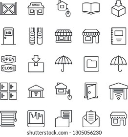 Thin Line Icon Set - shop vector, medical room, checkroom, book, store, container, umbrella, package, mail, scanner, folder, copybook, document, open close, home control, jalousie, garage gate, door