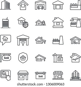Thin Line Icon Set - shop vector, office building, factory, warehouse storage, house, with garage, tree, sold signboard, city, crane, estate insurance, eco, home control app, gate, message
