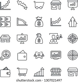 Thin Line Icon Set - shop vector, checkroom, growth statistic, money bag, crisis graph, store, monitor statistics, hr, target, consumer search, arrow up, wallet, cart, presentation, storefront