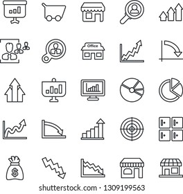 Thin Line Icon Set - shop vector, checkroom, growth statistic, money bag, crisis graph, store, monitor statistics, pie, hr, target, consumer search, arrow up, cart, presentation, storefront