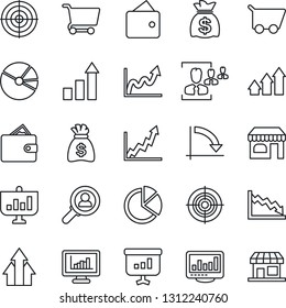 Thin Line Icon Set - shop vector, growth statistic, money bag, crisis graph, monitor statistics, pie, hr, target, consumer search, arrow up, wallet, cart, presentation, storefront