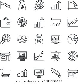 Thin Line Icon Set - shop vector, growth statistic, money bag, crisis graph, monitor statistics, pie, hr, target, consumer search, arrow up, wallet, cart, presentation, storefront