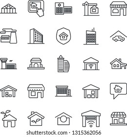 Thin Line Icon Set - shop vector, airport building, office, factory, greenhouse, hospital, warehouse storage, house with garage, city, crane, estate insurance, cafe, eco, home control app, gate