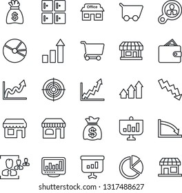 Thin Line Icon Set - shop vector, checkroom, growth statistic, money bag, crisis graph, store, monitor statistics, pie, hr, target, consumer search, arrow up, wallet, cart, presentation, storefront