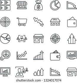 Thin Line Icon Set - shop vector, checkroom, growth statistic, money bag, crisis graph, store, monitor statistics, pie, hr, target, consumer search, arrow up, wallet, cart, storefront