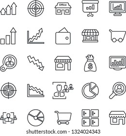Thin Line Icon Set - shop vector, checkroom, growth statistic, money bag, crisis graph, store, monitor statistics, pie, hr, target, consumer search, arrow up, wallet, cart, presentation, storefront