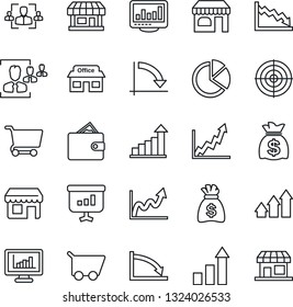 Thin Line Icon Set - shop vector, growth statistic, money bag, crisis graph, store, monitor statistics, pie, hr, target, arrow up, wallet, cart, presentation, storefront