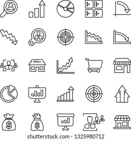 Thin Line Icon Set - shop vector, checkroom, growth statistic, money bag, crisis graph, store, pie, hr, target, consumer search, arrow up, cart, presentation, storefront