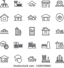 Thin Line Icon Set - shop vector, airport building, house, greenhouse, hospital, warehouse, with garage, tree, office, sweet home, crane, factory, estate insurance, cafe, control app, warm floor