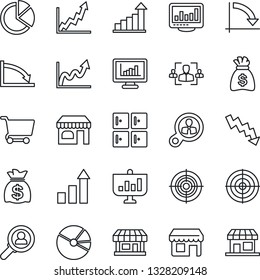Thin Line Icon Set - shop vector, checkroom, growth statistic, money bag, crisis graph, store, monitor statistics, pie, hr, target, consumer search, cart, presentation, storefront