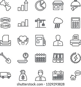 Thin Line Icon Set - shop vector, storm cloud, growth statistic, money bag, calendar, job, printer, heart hand, broken bone, car delivery, heavy scales, user, charge, bar graph, pie, news, tray