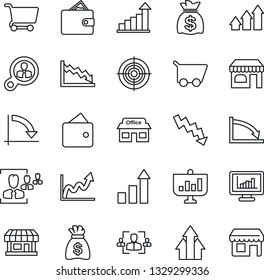 Thin Line Icon Set - shop vector, growth statistic, money bag, crisis graph, store, monitor statistics, hr, target, consumer search, arrow up, wallet, cart, presentation, storefront