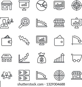Thin Line Icon Set - shop vector, checkroom, growth statistic, money bag, crisis graph, store, monitor statistics, pie, hr, target, consumer search, wallet, cart, presentation, storefront