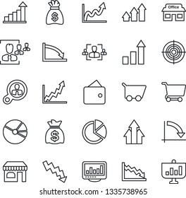 Thin Line Icon Set - shop vector, growth statistic, money bag, crisis graph, store, monitor statistics, pie, hr, target, consumer search, arrow up, wallet, cart, presentation