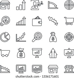 Thin Line Icon Set - shop vector, growth statistic, money bag, crisis graph, monitor statistics, pie, hr, target, consumer search, arrow up, wallet, cart, presentation, storefront