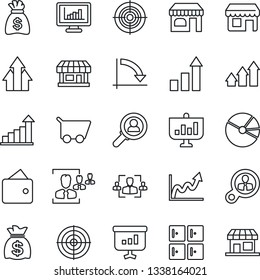 Thin Line Icon Set - shop vector, checkroom, growth statistic, money bag, crisis graph, store, monitor statistics, pie, hr, target, consumer search, arrow up, wallet, cart, presentation, storefront
