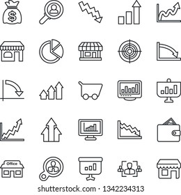 Thin Line Icon Set - shop vector, growth statistic, money bag, crisis graph, store, monitor statistics, pie, hr, target, consumer search, arrow up, wallet, cart, presentation, storefront