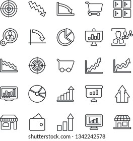 Thin Line Icon Set - shop vector, checkroom, growth statistic, crisis graph, monitor statistics, pie, hr, target, consumer search, arrow up, wallet, cart, presentation, storefront