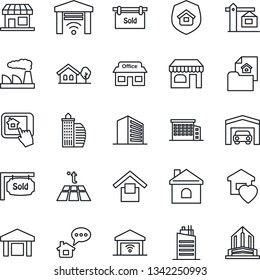 Thin Line Icon Set - Shop Vector, Office Building, Factory, House, Store, Warehouse Storage, With Tree, Garage, Estate Document, Sold Signboard, Sweet Home, City, Crane, Insurance, Control App, Gate