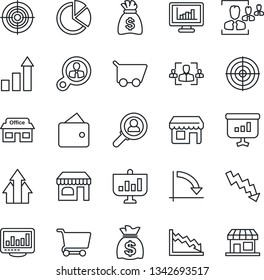Thin Line Icon Set - shop vector, growth statistic, money bag, crisis graph, store, monitor statistics, pie, hr, target, consumer search, arrow up, wallet, cart, presentation, storefront