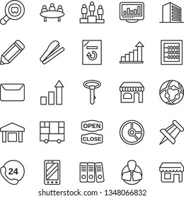 Thin Line Icon Set - shop vector, mobile phone, office building, growth statistic, pedestal, meeting, drawing pin, document reload, pencil, circle chart, 24 hours, client, consolidated cargo, search