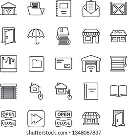 Thin Line Icon Set - shop vector, book, store, container, umbrella, mail, fast forward, scanner, folder, copybook, document, open close, home control, jalousie, garage gate, door