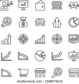 Thin Line Icon Set - shop vector, growth statistic, money bag, store, monitor statistics, pie graph, hr, target, consumer search, arrow up, wallet, crisis, cart, presentation, storefront