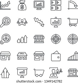 Thin Line Icon Set - shop vector, checkroom, growth statistic, money bag, crisis graph, store, monitor statistics, hr, target, consumer search, arrow up, wallet, cart, presentation, storefront
