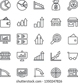 Thin Line Icon Set - shop vector, checkroom, growth statistic, money bag, crisis graph, store, monitor statistics, pie, target, consumer search, arrow up, wallet, cart, presentation, storefront