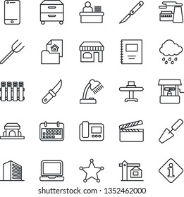 Thin Line Icon Set - shop vector, office building, factory, trowel, farm fork, rain, well, garden knife, scalpel, term, clapboard, cell phone, laptop pc, copybook, manager desk, lamp, archive box