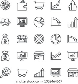 Thin Line Icon Set - shop vector, growth statistic, money bag, crisis graph, store, monitor statistics, pie, hr, target, consumer search, arrow up, wallet, cart, presentation, storefront