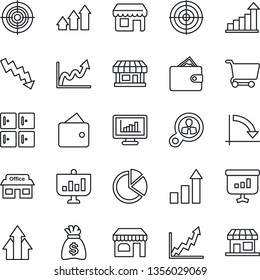 Thin Line Icon Set - shop vector, checkroom, growth statistic, money bag, crisis graph, store, monitor statistics, pie, target, consumer search, arrow up, wallet, cart, presentation, storefront